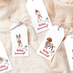 Karácsonyi ajándékkísérő kártya, kutyás ajándékátadó címke szett 5 db - karácsony - karácsonyi ajándékozás - karácsonyi képeslap, üdvözlőlap, ajándékkísérő - Meska.hu
