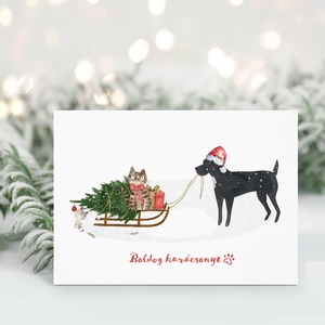 Kutyás, macskás karácsonyi képeslap, ünnepi üdvözlőlap, ajándékkísérő, Karácsony, Karácsonyi ajándékozás, Karácsonyi képeslap, üdvözlőlap, ajándékkísérő, Fotó, grafika, rajz, illusztráció, MESKA