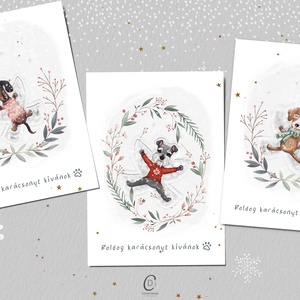Karácsonyi képeslap, kutyás üdvözlőlap, hóangyalos ajándékkísérő szett 3 db - karácsony - karácsonyi ajándékozás - karácsonyi képeslap, üdvözlőlap, ajándékkísérő - Meska.hu