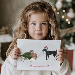 Kutyás, macskás karácsonyi képeslap, ünnepi üdvözlőlap, ajándékkísérő, Karácsony, Karácsonyi ajándékozás, Karácsonyi képeslap, üdvözlőlap, ajándékkísérő, Fotó, grafika, rajz, illusztráció, MESKA