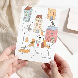 Karácsonyi képeslap, rókás üdvözlőlap, városi zenészek, ajándékkísérő  - karácsony - karácsonyi ajándékozás - karácsonyi képeslap, üdvözlőlap, ajándékkísérő - Meska.hu