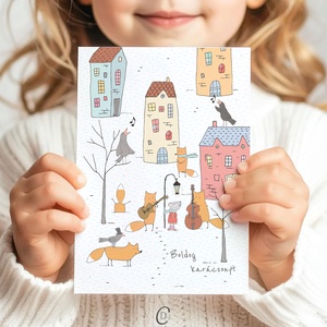 Karácsonyi képeslap, rókás üdvözlőlap, városi zenészek, ajándékkísérő , Karácsony, Karácsonyi ajándékozás, Karácsonyi képeslap, üdvözlőlap, ajándékkísérő, Fotó, grafika, rajz, illusztráció, Papírművészet, MESKA