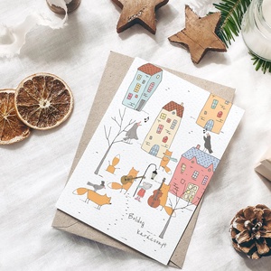 Karácsonyi képeslap, rókás üdvözlőlap, városi zenészek, ajándékkísérő  - karácsony - karácsonyi ajándékozás - karácsonyi képeslap, üdvözlőlap, ajándékkísérő - Meska.hu