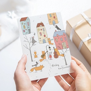 Karácsonyi képeslap, rókás üdvözlőlap, városi zenészek, ajándékkísérő  - karácsony - karácsonyi ajándékozás - karácsonyi képeslap, üdvözlőlap, ajándékkísérő - Meska.hu