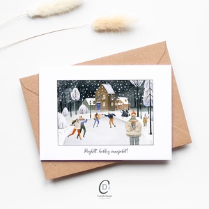 Karácsonyi képeslap, téli üdvözlőlap, korcsolyázók ajándékkísérő - karácsony - karácsonyi ajándékozás - karácsonyi képeslap, üdvözlőlap, ajándékkísérő - Meska.hu