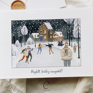 Karácsonyi képeslap, téli üdvözlőlap, korcsolyázók ajándékkísérő, Karácsony, Karácsonyi ajándékozás, Karácsonyi képeslap, üdvözlőlap, ajándékkísérő, Fotó, grafika, rajz, illusztráció, MESKA