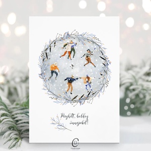Karácsonyi képeslap, téli üdvözlőlap, korcsolyázók ajándékkísérő , Karácsony, Karácsonyi ajándékozás, Karácsonyi képeslap, üdvözlőlap, ajándékkísérő, Papírművészet, Fotó, grafika, rajz, illusztráció, MESKA