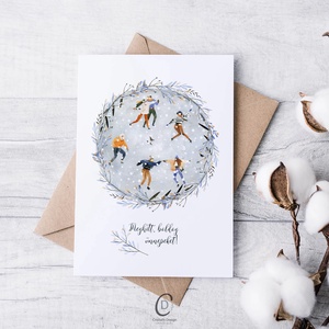 Karácsonyi képeslap, téli üdvözlőlap, korcsolyázók ajándékkísérő  - karácsony - karácsonyi ajándékozás - karácsonyi képeslap, üdvözlőlap, ajándékkísérő - Meska.hu