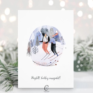 Karácsonyi képeslap, téli üdvözlőlap, síelők ajándékkísérő , Karácsony, Karácsonyi ajándékozás, Karácsonyi képeslap, üdvözlőlap, ajándékkísérő, Fotó, grafika, rajz, illusztráció, Papírművészet, MESKA
