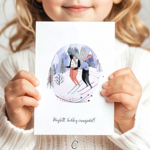 Karácsonyi képeslap, téli üdvözlőlap, síelők ajándékkísérő  - karácsony - karácsonyi ajándékozás - karácsonyi képeslap, üdvözlőlap, ajándékkísérő - Meska.hu