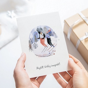 Karácsonyi képeslap, téli üdvözlőlap, síelők ajándékkísérő  - karácsony - karácsonyi ajándékozás - karácsonyi képeslap, üdvözlőlap, ajándékkísérő - Meska.hu