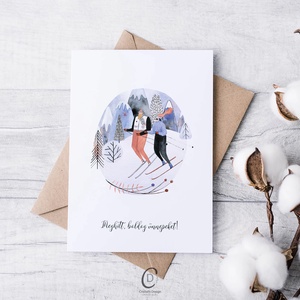 Karácsonyi képeslap, téli üdvözlőlap, síelők ajándékkísérő  - karácsony - karácsonyi ajándékozás - karácsonyi képeslap, üdvözlőlap, ajándékkísérő - Meska.hu