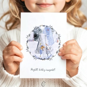 Karácsonyi képeslap, téli üdvözlőlap, hóemberes ajándékkísérő  - Meska.hu