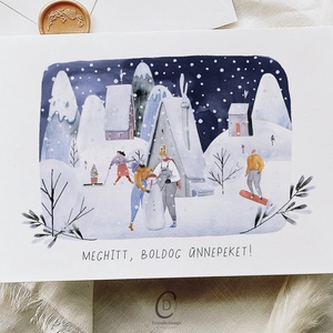 Karácsonyi képeslap, téli üdvözlőlap, hóemberes ajándékkísérő  - Meska.hu