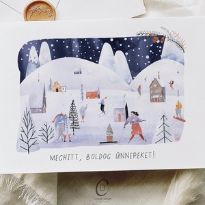 Karácsonyi képeslap, téli üdvözlőlap, síelők ajándékkísérő , Karácsony, Karácsonyi ajándékozás, Karácsonyi képeslap, üdvözlőlap, ajándékkísérő, Fotó, grafika, rajz, illusztráció, MESKA