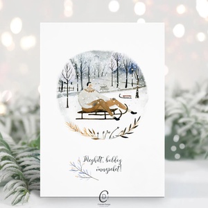 Karácsonyi képeslap, téli üdvözlőlap, szánkós ajándékkísérő , Karácsony, Karácsonyi ajándékozás, Karácsonyi képeslap, üdvözlőlap, ajándékkísérő, Fotó, grafika, rajz, illusztráció, Papírművészet, MESKA