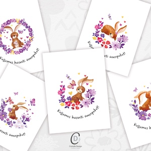 Húsvéti képeslapok, ajándékkísérő, nyuszis üdvözlőlap szett 5 db - ünnepi díszek, dekorációk - húsvéti díszek és dekorációk - húsvéti képeslapok - Meska.hu