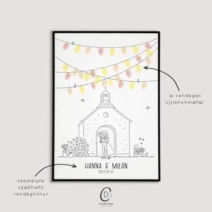 Esküvői ujjlenyomat vendégkönyv, templomos poszter, lampionos vászonkép - Meska.hu