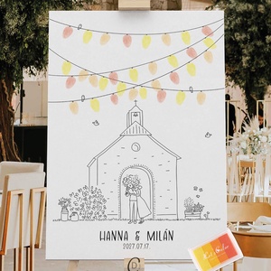 Esküvői ujjlenyomat vendégkönyv, templomos poszter, lampionos vászonkép - Meska.hu