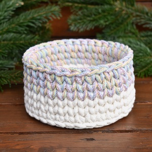 Horgolt mini kosár - kerek - ekrü és candy , Otthon & Életmód, Tárolás & Rendszerezés, Tárolókosár, Horgolás, MESKA