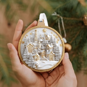 Fehérarany karácsonyfadísz havas falucskával és arany díszkerettel, Karácsony, Karácsonyi lakásdekoráció, Karácsonyfadíszek, Famegmunkálás, MESKA