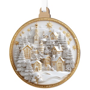 Fehérarany karácsonyfadísz havas falucskával és arany díszkerettel - karácsony - karácsonyi lakásdekoráció - karácsonyfadíszek - Meska.hu