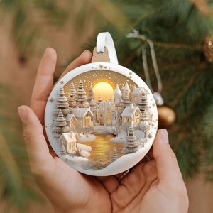 Fehérarany karácsonyfadísz nagy holdas téli tájjal, Karácsony, Karácsonyi lakásdekoráció, Karácsonyi falu, házikó, Famegmunkálás, MESKA