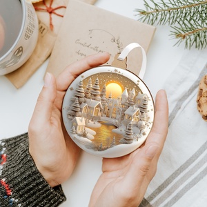 Fehérarany karácsonyfadísz nagy holdas téli tájjal - karácsony - karácsonyi lakásdekoráció - karácsonyi falu, házikó - Meska.hu