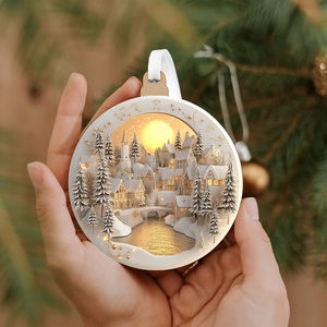 Fehérarany havas falu karácsonyfadísz holdfényes háttérrel, Karácsony, Karácsonyi lakásdekoráció, Karácsonyfadíszek, Famegmunkálás, MESKA