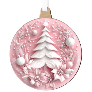 Rózsaszín karácsonyfadísz fehér fenyővel és téli motívumokkal - karácsony - karácsonyi lakásdekoráció - karácsonyfadíszek - Meska.hu