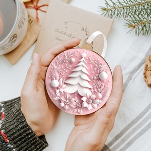 Rózsaszín karácsonyfadísz fehér fenyővel és téli motívumokkal - karácsony - karácsonyi lakásdekoráció - karácsonyfadíszek - Meska.hu