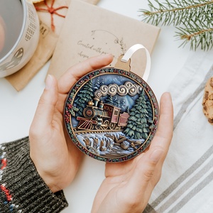 Vintage karácsonyfadísz gőzmozdonnyal és havas erdei tájjal - karácsony - karácsonyi lakásdekoráció - karácsonyi lakásdíszek - Meska.hu