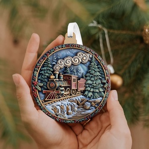 Vintage karácsonyfadísz gőzmozdonnyal és havas erdei tájjal, Karácsony, Karácsonyi lakásdekoráció, Karácsonyi lakásdíszek, Famegmunkálás, MESKA