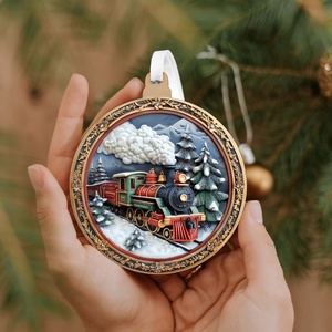Téli karácsonyfadísz klasszikus piroszöld gőzmozdonnyal és havas fenyőkkel - Meska.hu