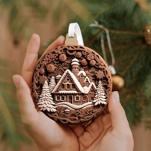 Mézeskalács házikó téli erdőben karácsonyfadísz, Karácsony, Karácsonyi lakásdekoráció, Karácsonyfadíszek, Famegmunkálás, MESKA