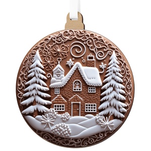 Mézeskalács házikó hófödte fenyőkkel karácsonyfadísz - karácsony - karácsonyi ajándékozás - karácsonyi képeslap, üdvözlőlap, ajándékkísérő - Meska.hu