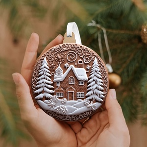 Mézeskalács házikó hófödte fenyőkkel karácsonyfadísz - Meska.hu