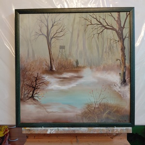 Vadász a ködben festmény 50x50cm, Művészet, Festmény, Olajfestmény, Festészet, MESKA
