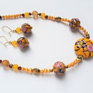 Antik muránói üveggyöngy-nyakék és fülbevaló garnitúra, sárga, Ékszer, Ékszerszett, Ékszerkészítés, MESKA