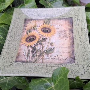 Őszi üvegtál vintage stílusban, Otthon & Életmód, Dekoráció, Asztal és polc dekoráció, Dekorációs tál, tartó, Decoupage, transzfer és szalvétatechnika, MESKA