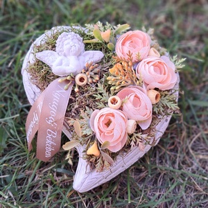 Sírdísz szív alakú kőkaspóban, Otthon & Életmód, Vallás, Temetkezési tárgy, Sírdísz, kegyeleti dísz, Virágkötés, MESKA