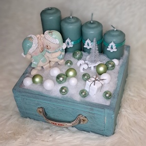 Gyertyás adventi asztaldísz menta-fehér színekben - karácsony - adventi díszek - adventi asztaldísz - Meska.hu