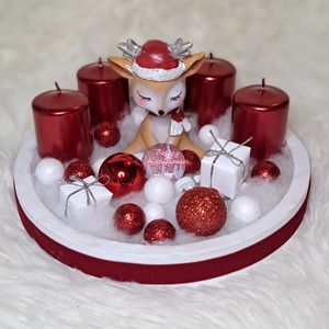 Gyertyás adventi asztaldísz piros-fehér színekben - karácsony - adventi díszek - adventi asztaldísz - Meska.hu