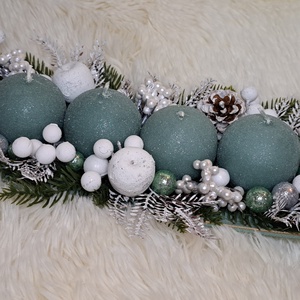 Gyertyás adventi asztaldísz menta-fehér színekben - karácsony - adventi díszek - adventi asztaldísz - Meska.hu