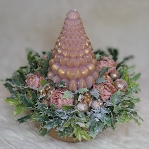 Adventi fenyőgyertyás asztaldísz arany-pink színekben - karácsony - adventi díszek - adventi asztaldísz - Meska.hu
