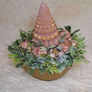 Adventi fenyőgyertyás asztaldísz arany-pink színekben, Karácsony, Adventi díszek, Adventi asztaldísz, Virágkötés, MESKA