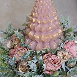 Adventi fenyőgyertyás asztaldísz arany-pink színekben - karácsony - adventi díszek - adventi asztaldísz - Meska.hu