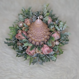 Adventi fenyőgyertyás asztaldísz arany-pink színekben - karácsony - adventi díszek - adventi asztaldísz - Meska.hu