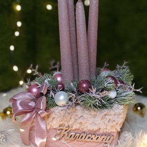 Adventi gyertyás asztaldísz mályva rosegold színekben, Karácsony, Adventi díszek, Adventi asztaldísz, Virágkötés, MESKA