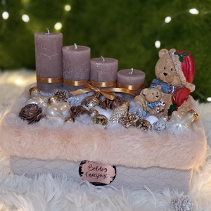 Adventi gyertyás asztaldísz kötött szőrmés kaspóban - karácsony - adventi díszek - adventi asztaldísz - Meska.hu